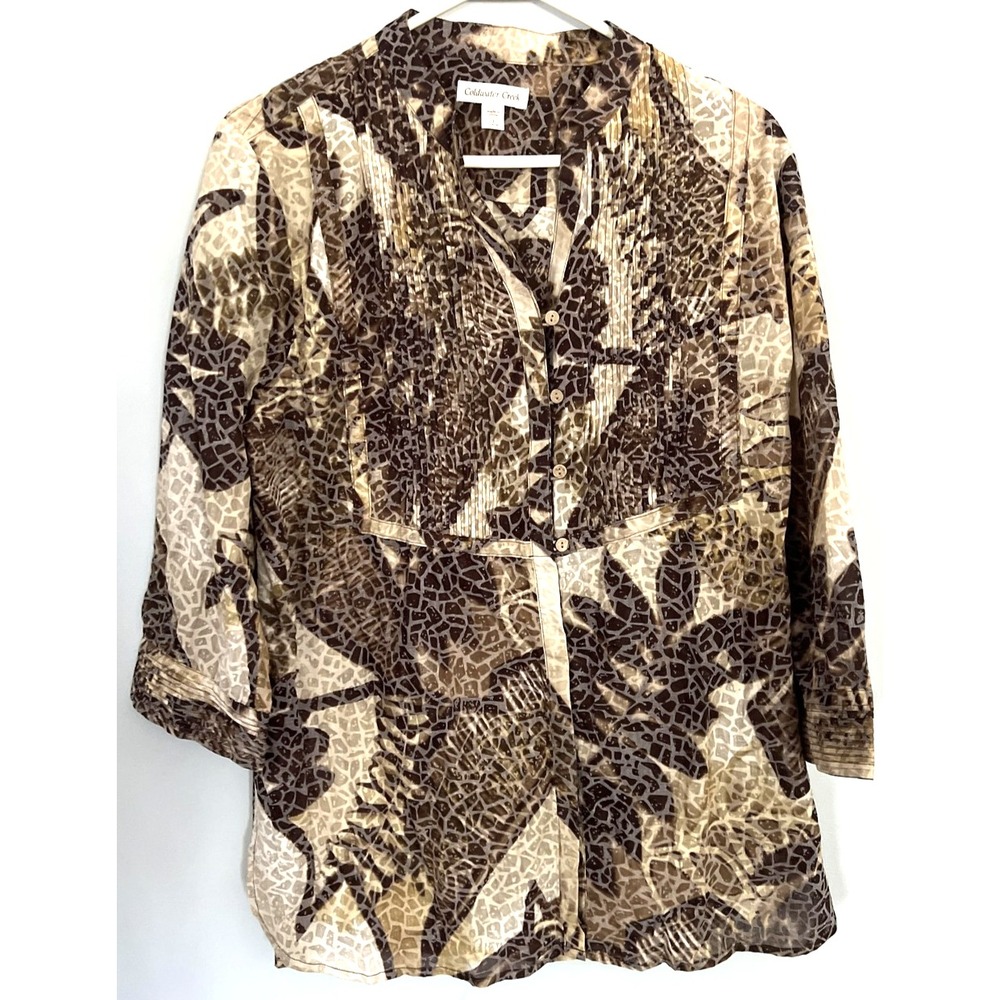 Coldwater Creek Blouse Womens Large Brown Tan Animal Print Pintuck 3/4 Sleeve
